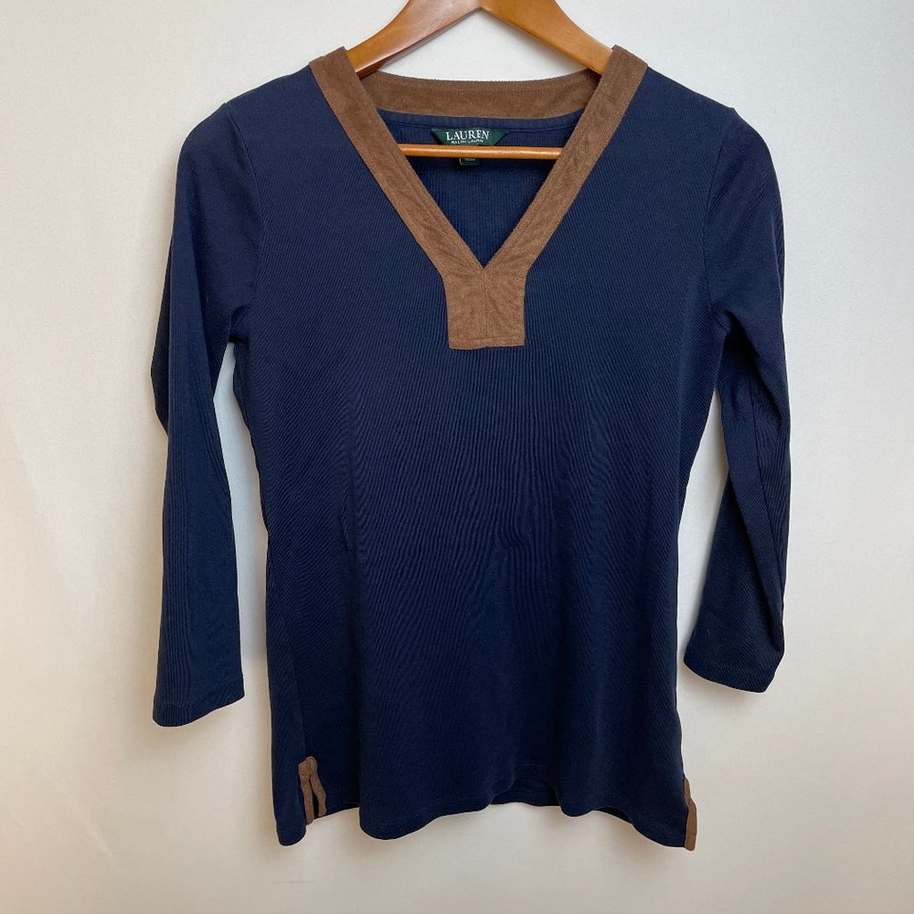 Lauren Ralph Lauren Womens Pullover V Neck Size M Navy Blue Faux Leather Trim